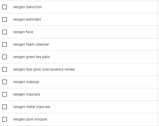 screenshot of search terms report from google ads, showing terms for a neo gen campaign